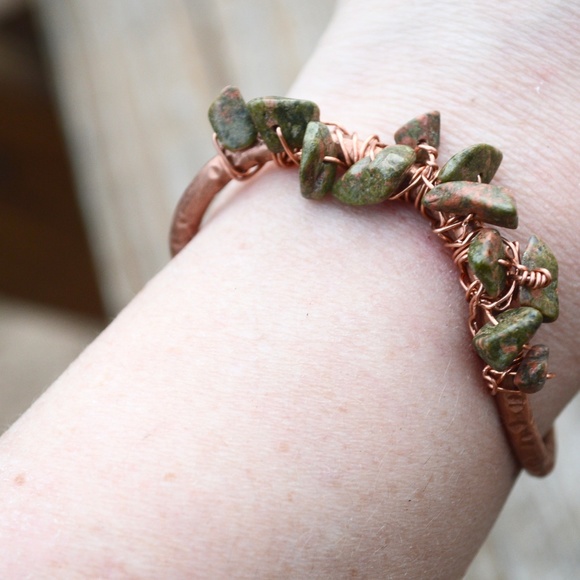 Unakite Copper Cuff Wire Wrapped Bracelet Reiki - Picture 5 of 7